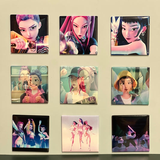 Set of 9 collectible photo magnets featuring Rumi, Mira, and Zoey from Netflix’s K-Pop: Demon Hunters – colorful 2x2 fridge magnets arranged in a grid, showcasing each character’s unique outfit and pose.